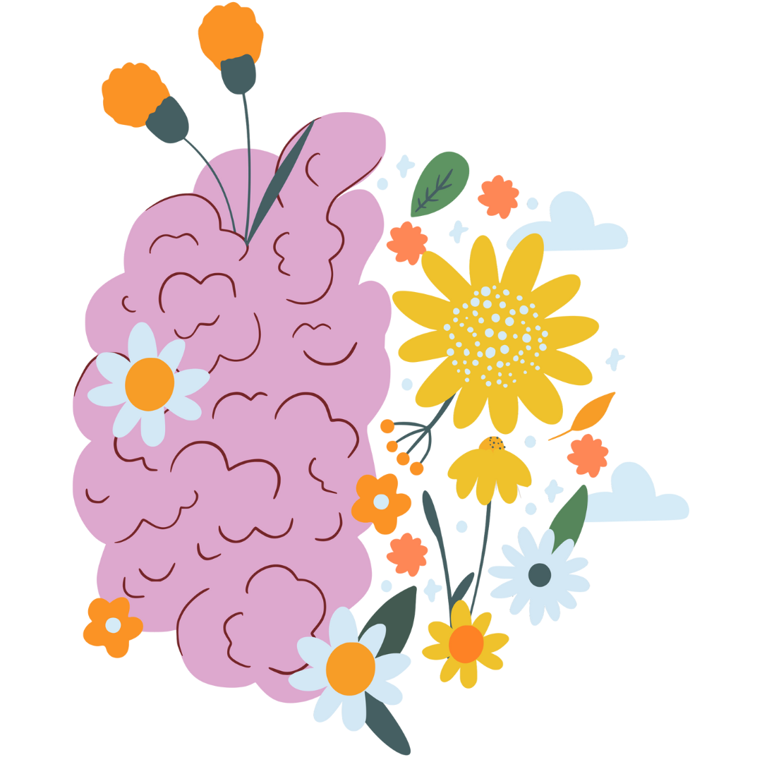 Brain with Flowers Whimsical illustration of a pink brain blooming with colorful flowers, representing mental health growth, inner peace, and emotional healing.